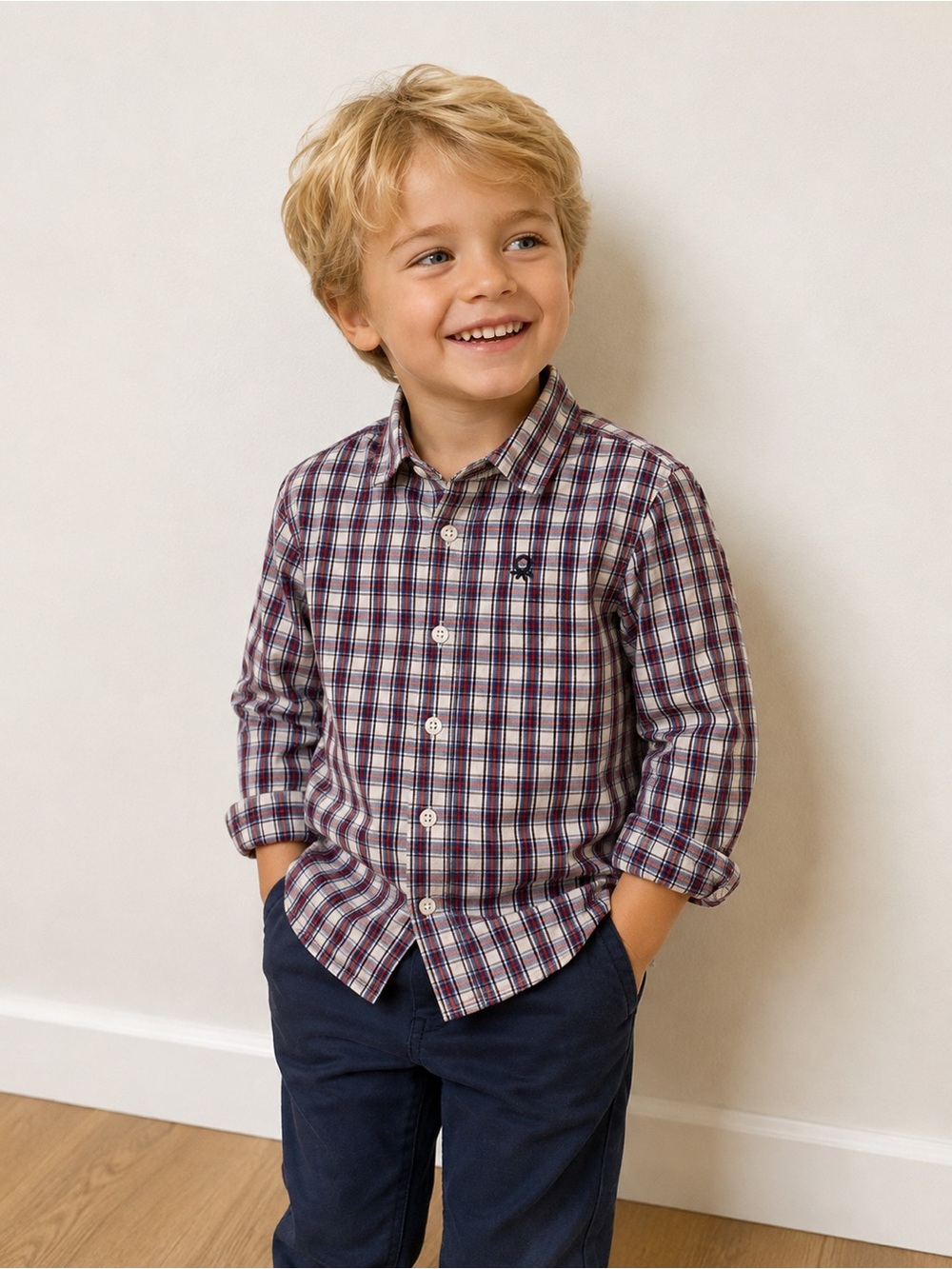 United Colors Of Benetton Boys Burgundy Navy Plaid Button-Up Shirt